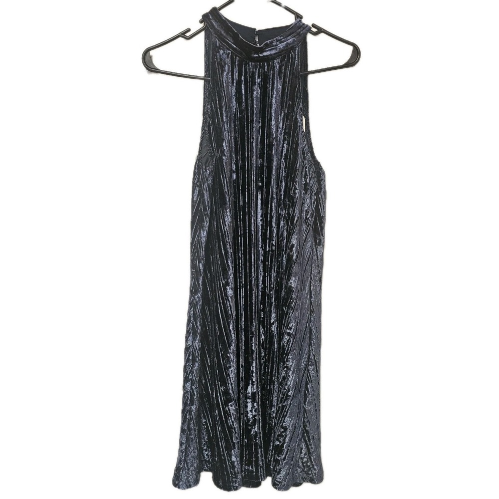 Angie Women's Dress Size M Blue High Neck Pleated Crush Velvet Swing Dress‎ NWT